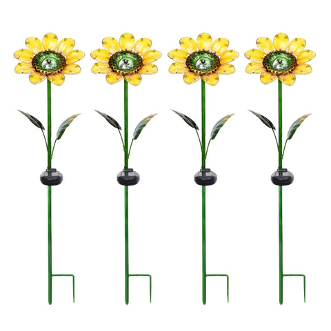 30.3" Sunflower Solar Powered Glass Garden Stakes (4 Pieces) - jenshomeandgardendecor