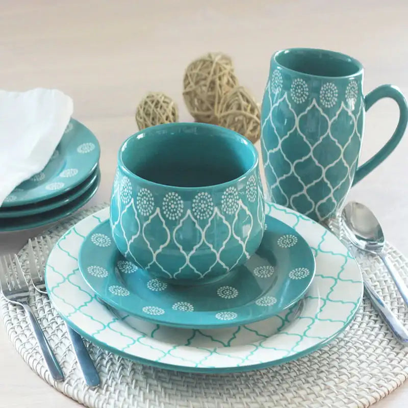 16 Piece Stoneware Dinnerware Set, Turquoise Baum - jenshomeandgardendecor