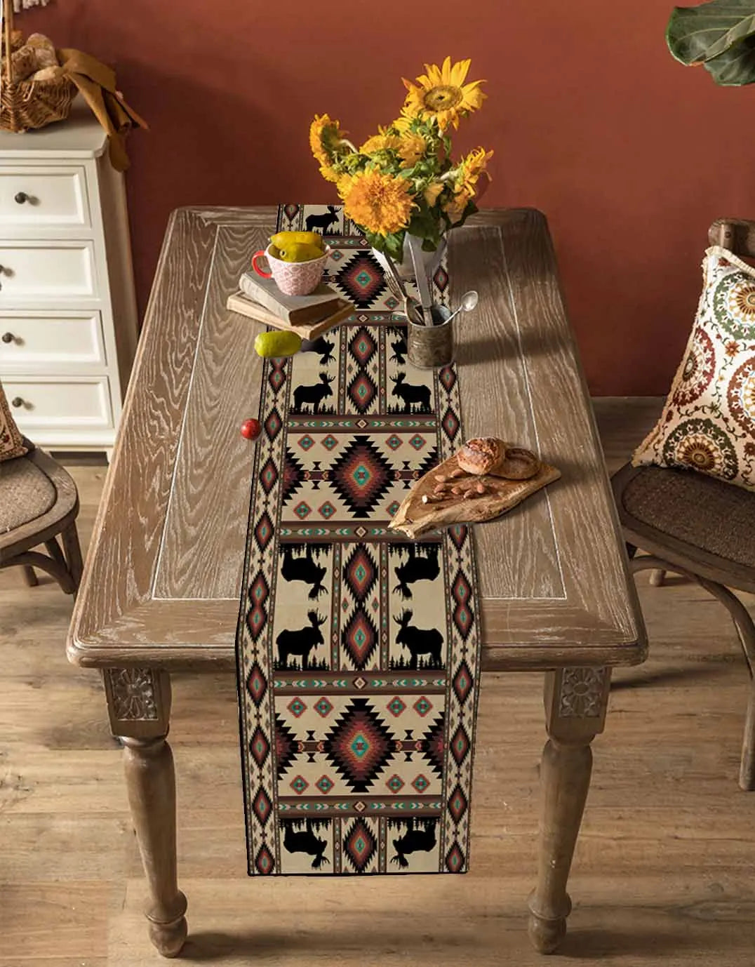 Autumn Forest Bear Deer Bohemian Geometric Retro Table Runner