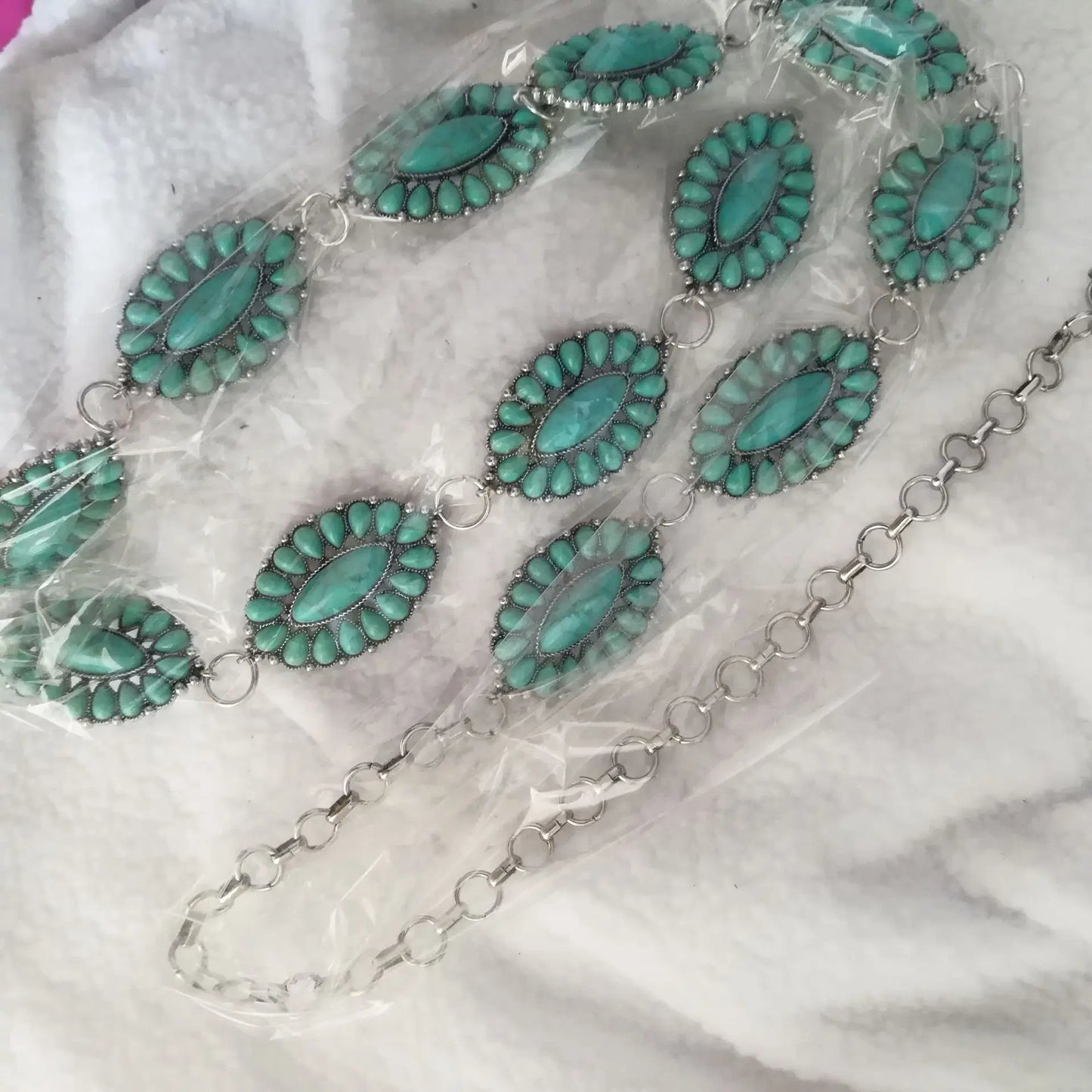 43' WESTERN TURQUOISE CONCHO CHAIN BELT - jenshomeandgardendecor