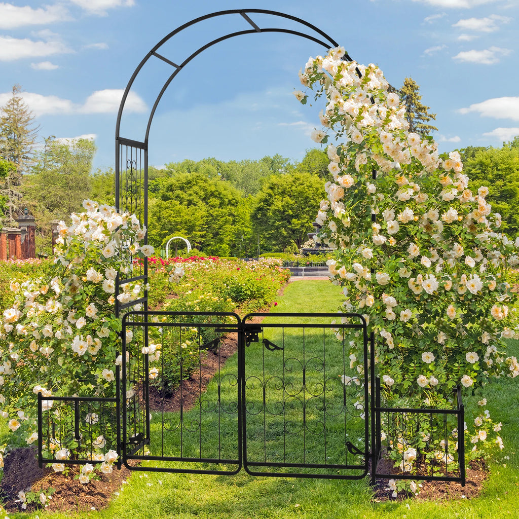 7.2ft Arc Top Wrought Iron Garden Arbor with Double Gate & Side Planting Boxes