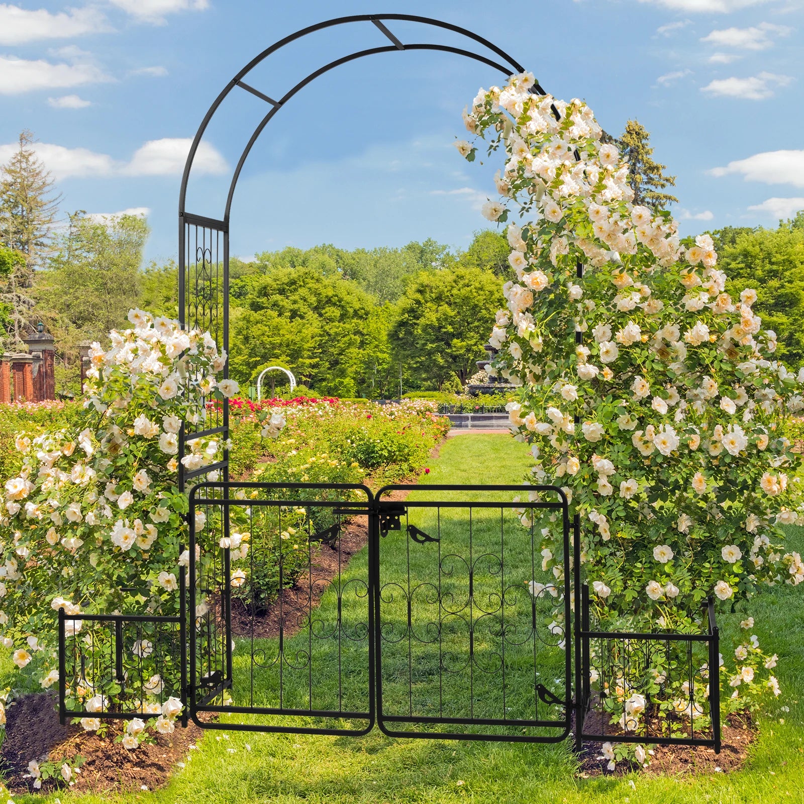 7.2ft Arc Top Wrought Iron Garden Arbor with Double Gate & Side Planting Boxes