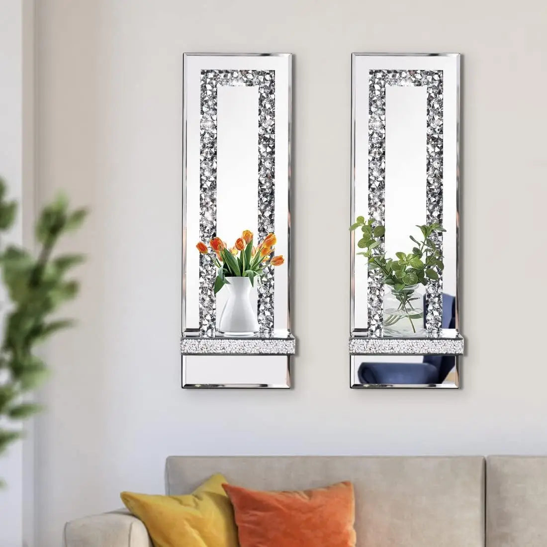 Crystal Crush Diamond Mirrored Candle Sconces, Silver Wall Candle Holder Set of 2, multiple styles available