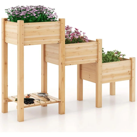 Raised Garden Bed Set of 3 with Storage Shelf