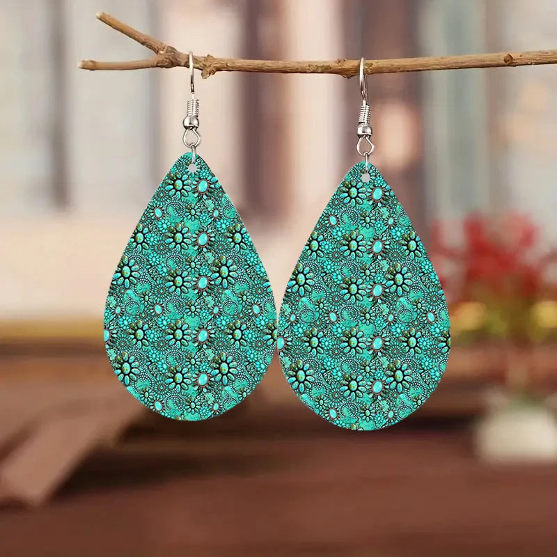 Colorful Turquoise Print Waterdrop Shaped Wooden Earrings - jenshomeandgardendecor