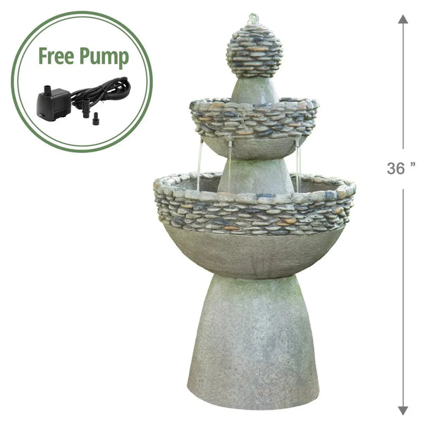 Outdoor Stone-Look 3-Tier Pedestal Floor Fountain, Gray - jenshomeandgardendecor