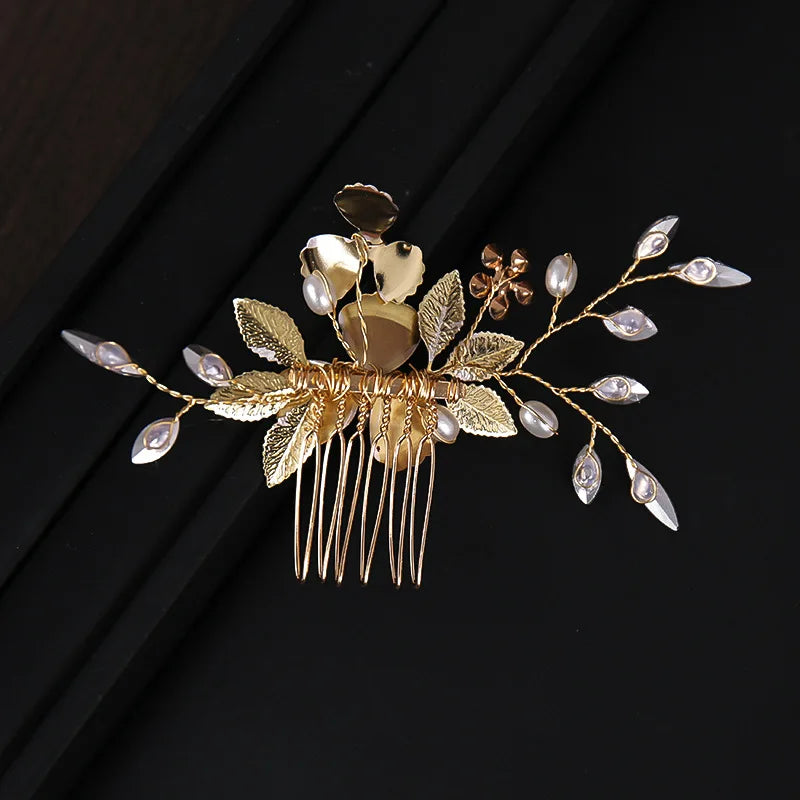 Wedding Hair Comb Side Hairpin Golden Floral Crystal