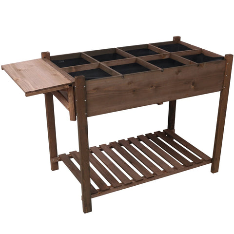 8 Pockets Raised Garden Bed Elevated Wood Planter Box Stand with Foldable Side Table and Storage Shelf for Herbs