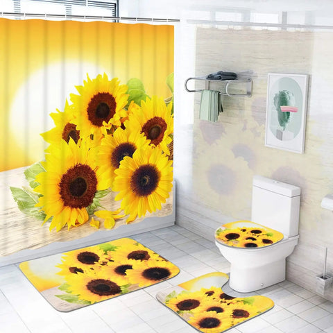 4 Pcs Yellow Sunflower Pattern Polyester Shower Curtain and Rug Sets