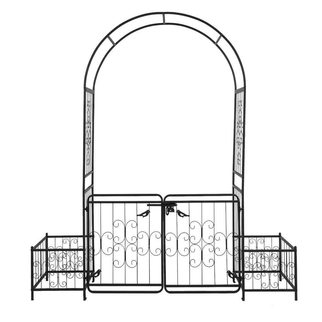 7.2ft Arc Top Wrought Iron Garden Arbor with Double Gate & Side Planting Boxes