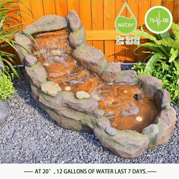 Garden outdoor fountain, floor standing layered rock outdoor fountain with LED lights and pump.