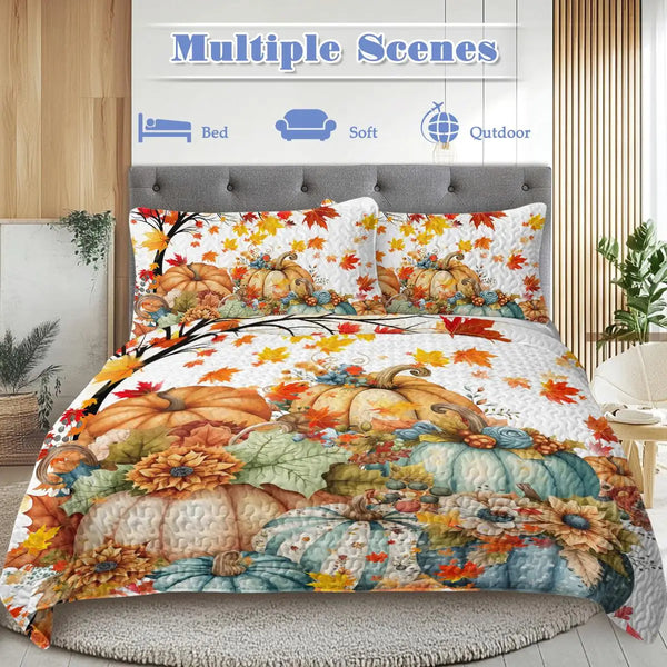 Colorful Pumpkin Oil Painting Quilt Set - 3-Piece Queen Bedding with 2 Pillowcases