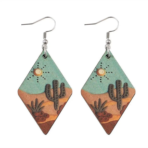 Wood Cactus Desert Scene Earrings - jenshomeandgardendecor