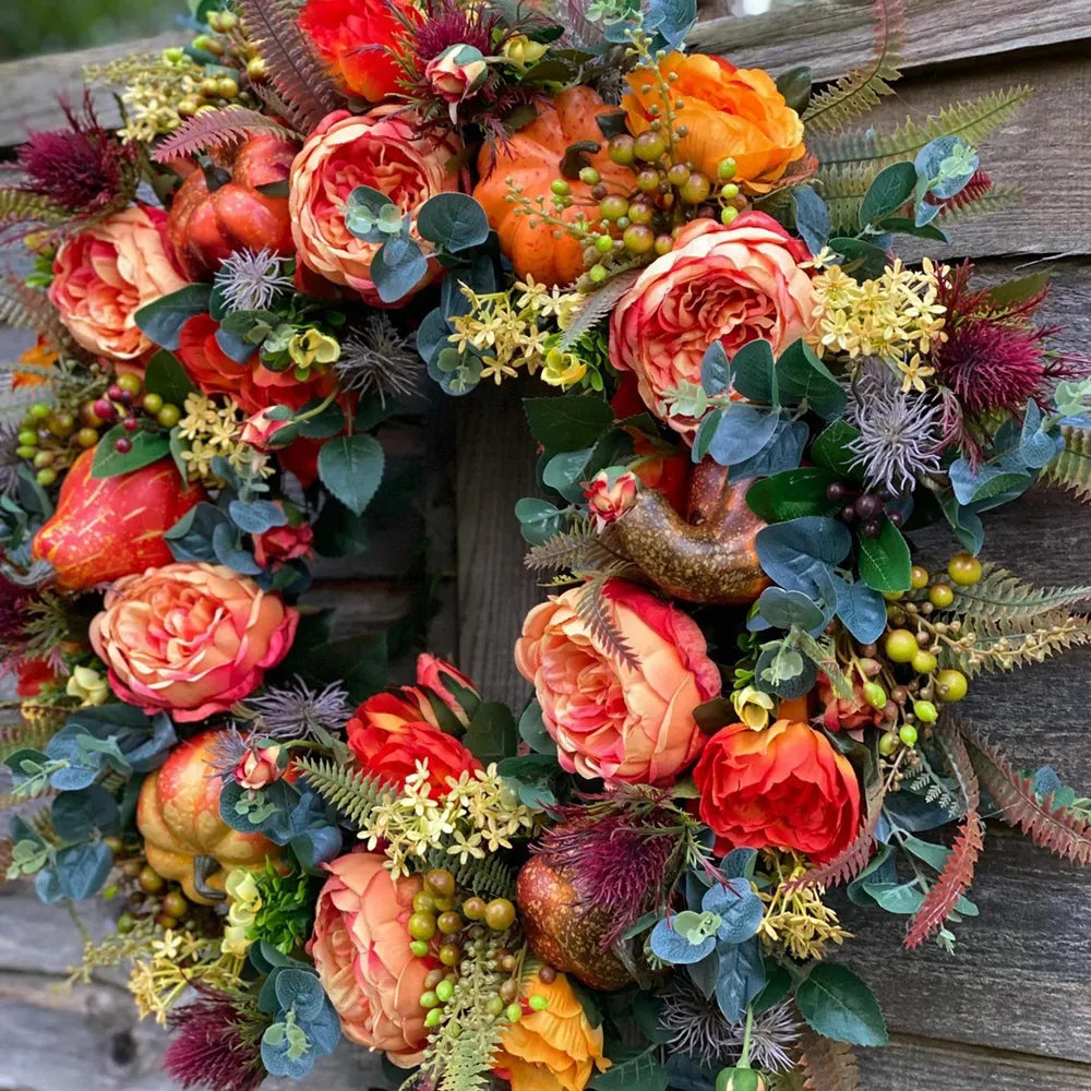 Artificial Autumn Peony And Pumpkin Wreath - jenshomeandgardendecor