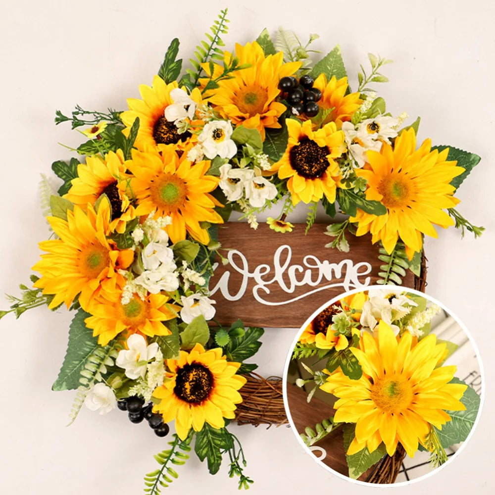 Sunflower Wreath For Front Door Yellow Decorative Summer Floral Door Wreath Welcome Sign Wall Home Decoration