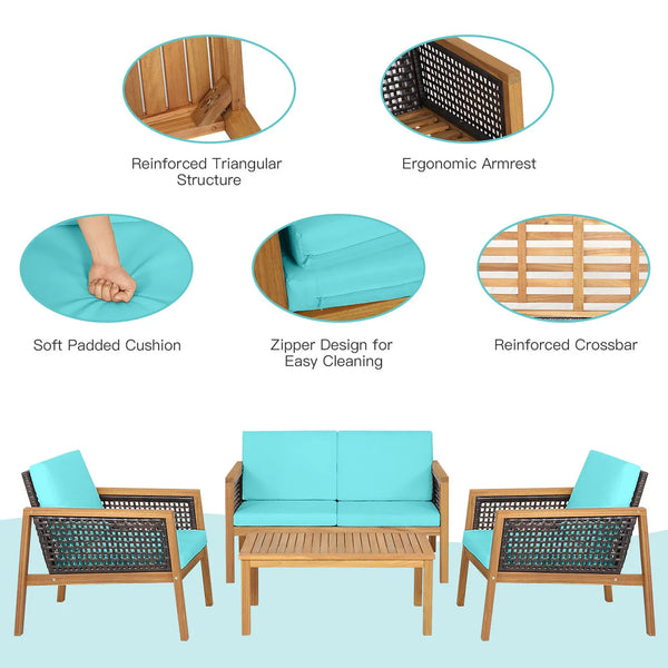 4PCS Patio Rattan Furniture Set Acacia Wood Cushioned Sofa Turquoise - jenshomeandgardendecor