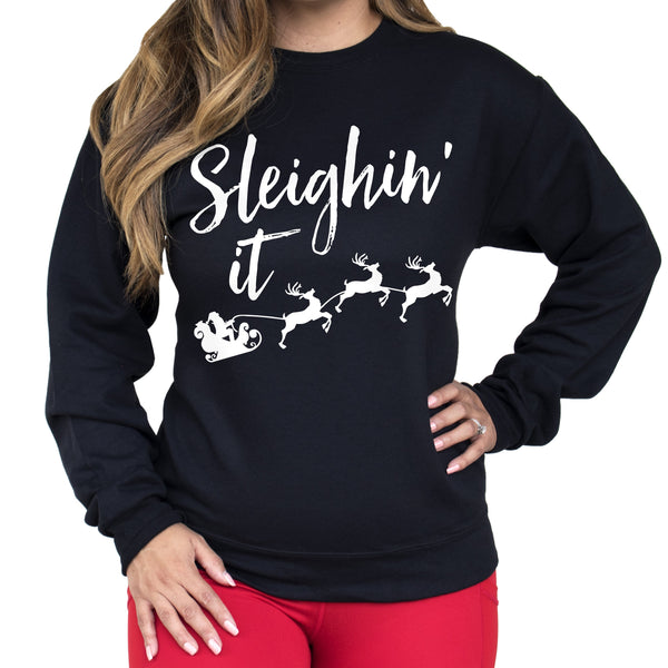 Sleighin It Christmas Crew Neck Sweatshirt - jenshomeandgardendecor