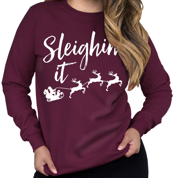 Sleighin It Christmas Crew Neck Sweatshirt - jenshomeandgardendecor