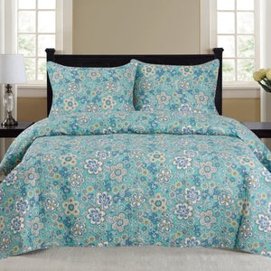 Cynthia - 3 Piece Quilt Set - Turquoise - jenshomeandgardendecor