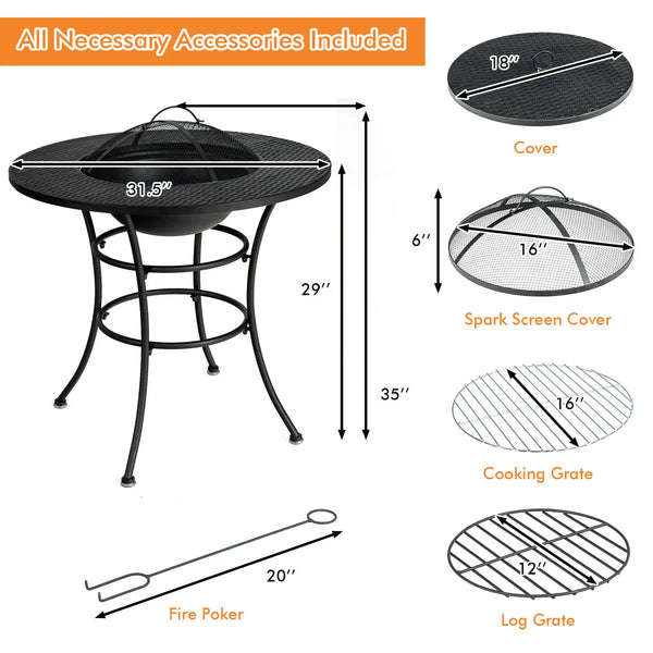 Patio Fire Pit Dining Table Charcoal Wood Burning W/ Cooking BBQ Grate - jenshomeandgardendecor