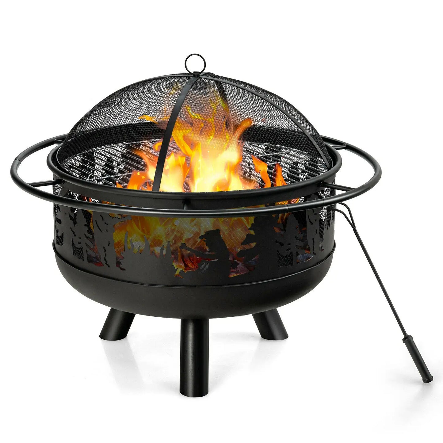 Round Fire Pit W/ Fire Poker Cooking Grill For Camping BBQ - jenshomeandgardendecor