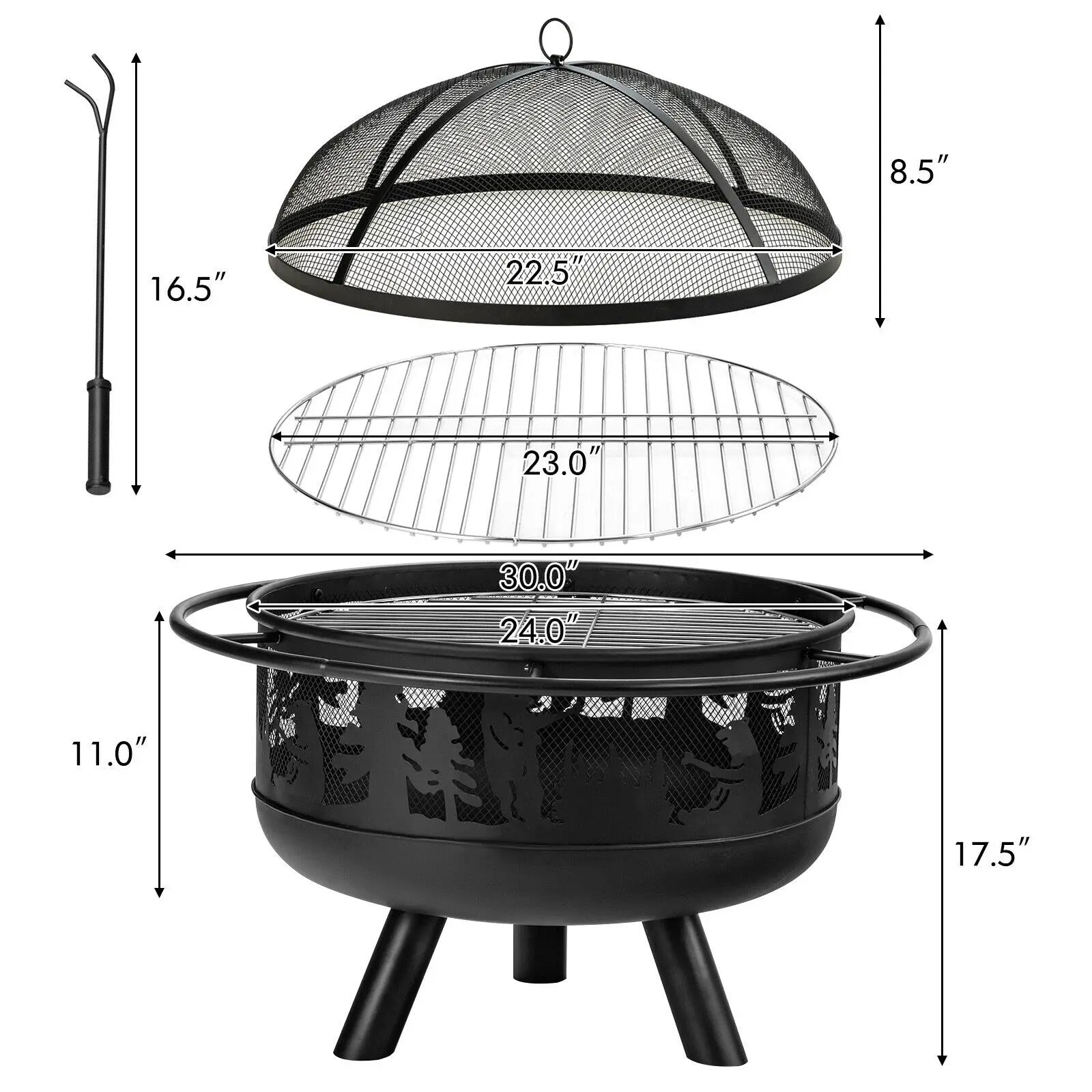 Round Fire Pit W/ Fire Poker Cooking Grill For Camping BBQ - jenshomeandgardendecor