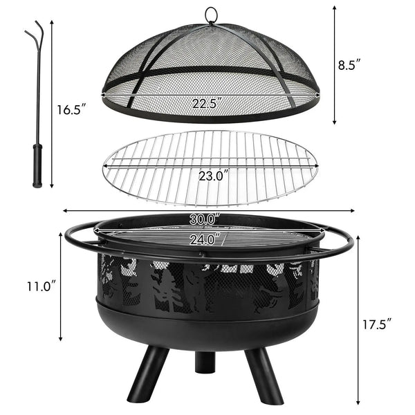 Round Fire Pit W/ Fire Poker Cooking Grill For Camping BBQ - jenshomeandgardendecor