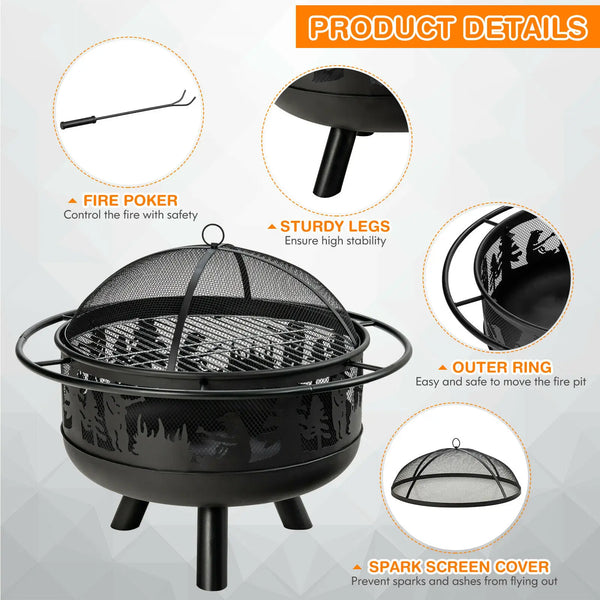 Round Fire Pit W/ Fire Poker Cooking Grill For Camping BBQ - jenshomeandgardendecor