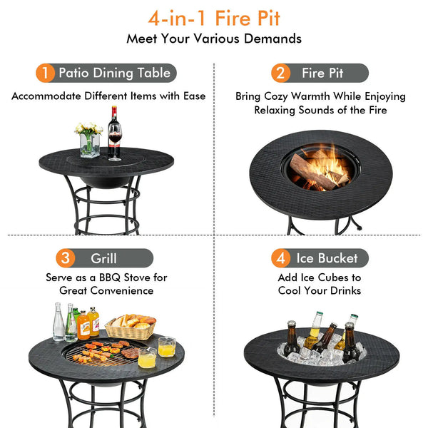 Patio Fire Pit Dining Table Charcoal Wood Burning W/ Cooking BBQ Grate - jenshomeandgardendecor