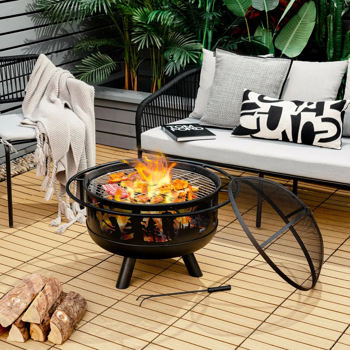 Round Fire Pit W/ Fire Poker Cooking Grill For Camping BBQ - jenshomeandgardendecor