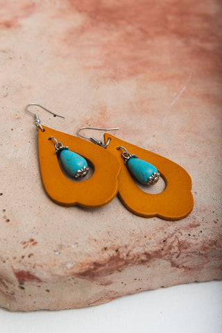 Western Leather Cutout Earrings w/ Turquoise Stone - jenshomeandgardendecor