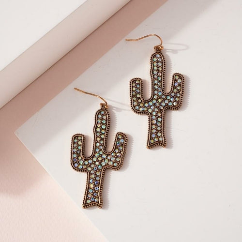 Western Cactus Rhinestone Dangling Earrings - jenshomeandgardendecor