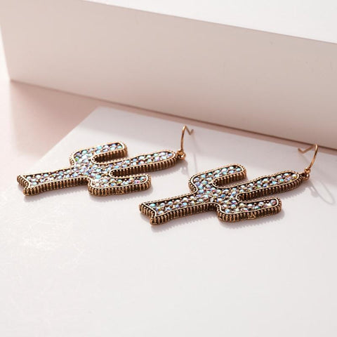 Western Cactus Rhinestone Dangling Earrings - jenshomeandgardendecor