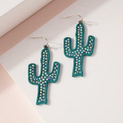 Western Cactus Rhinestone Dangling Earrings - jenshomeandgardendecor