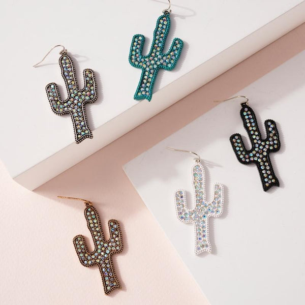 Western Cactus Rhinestone Dangling Earrings - jenshomeandgardendecor