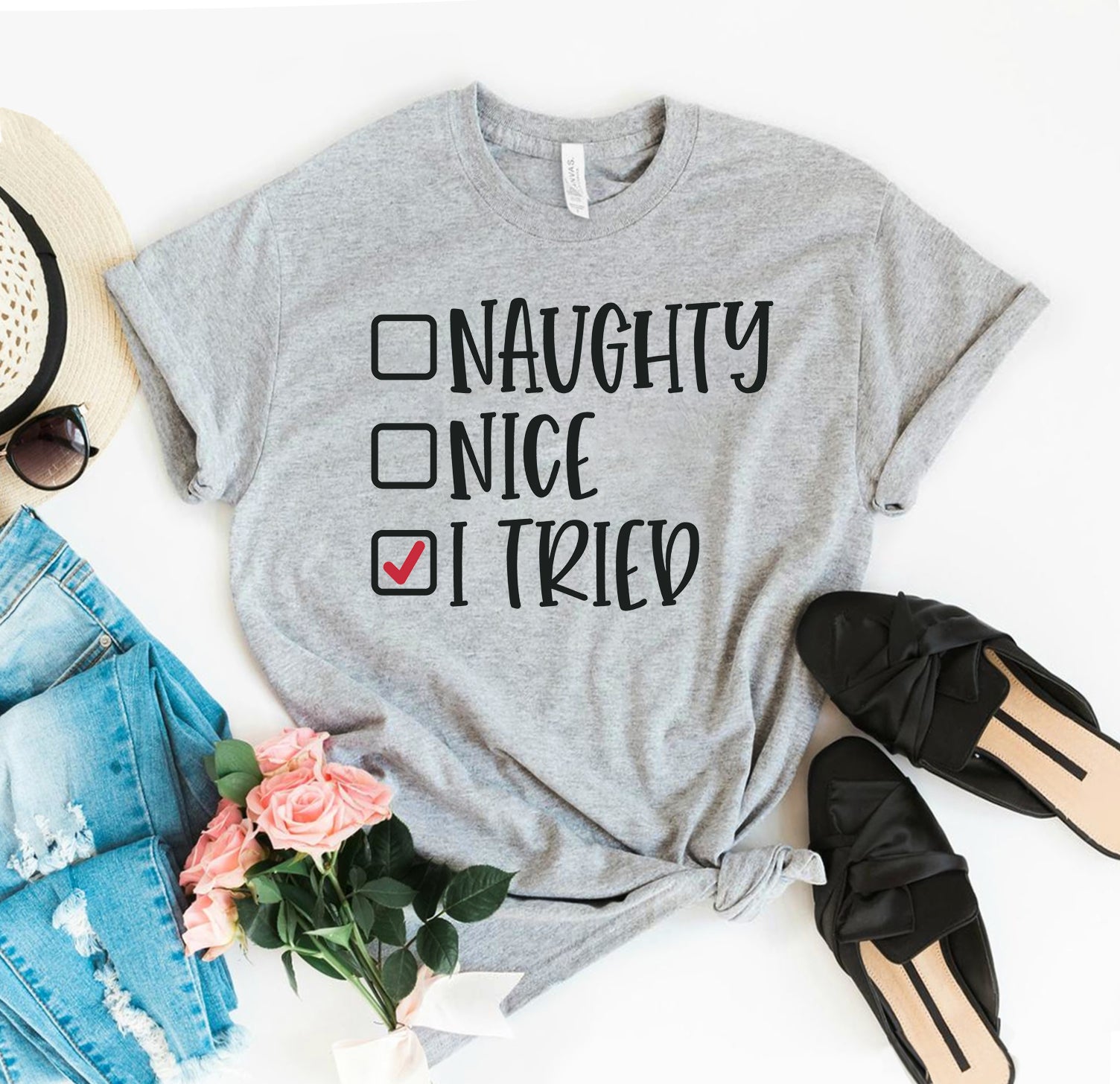 Naughty Nice I Tried Christmas T-shirt - jenshomeandgardendecor