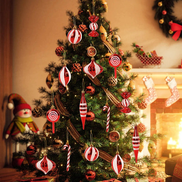 14pcs/box Christmas Ball Ornaments Red Candy Cane Xmas Tree Hanging - jenshomeandgardendecor