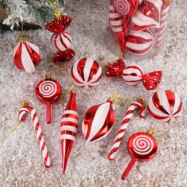 14pcs/box Christmas Ball Ornaments Red Candy Cane Xmas Tree Hanging - jenshomeandgardendecor