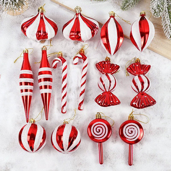 14pcs/box Christmas Ball Ornaments Red Candy Cane Xmas Tree Hanging - jenshomeandgardendecor