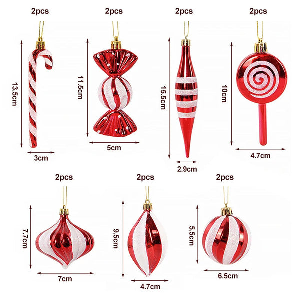 14pcs/box Christmas Ball Ornaments Red Candy Cane Xmas Tree Hanging - jenshomeandgardendecor