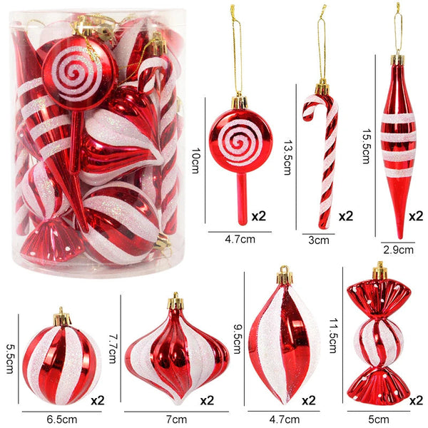 14pcs/box Christmas Ball Ornaments Red Candy Cane Xmas Tree Hanging - jenshomeandgardendecor