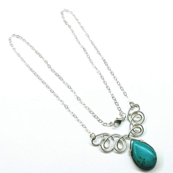 Turquoise Drop Sterling Silver Wire Wrapped Necklace - jenshomeandgardendecor