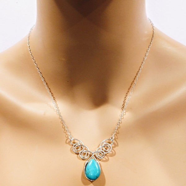 Turquoise Drop Sterling Silver Wire Wrapped Necklace - jenshomeandgardendecor