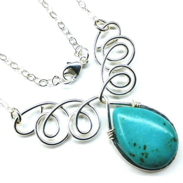 Turquoise Drop Sterling Silver Wire Wrapped Necklace - jenshomeandgardendecor