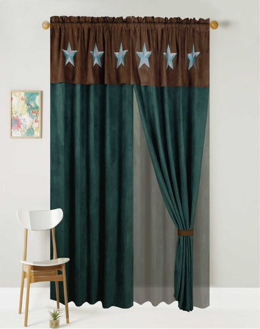 Turquoise Western Embroidery Star Suede Brown Accents Curtain - jenshomeandgardendecor