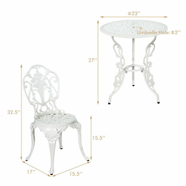 3PCS Patio Table Chairs Furniture Bistro Set Cast Aluminum Outdoor Garden White - jenshomeandgardendecor