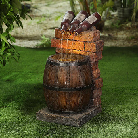 Resin Wine Bottle And Barrel Outdoor Water Fountain - jenshomeandgardendecor