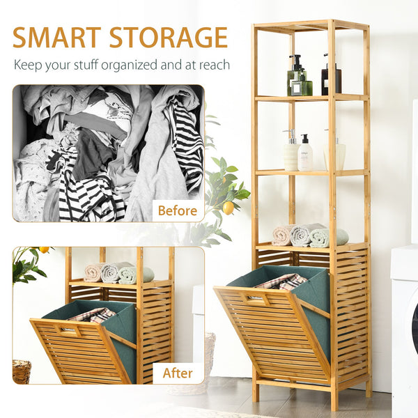 Bathroom Tilt-out Laundry Hamper 3-Tier Shelves Bamboo Tower Basket - jenshomeandgardendecor