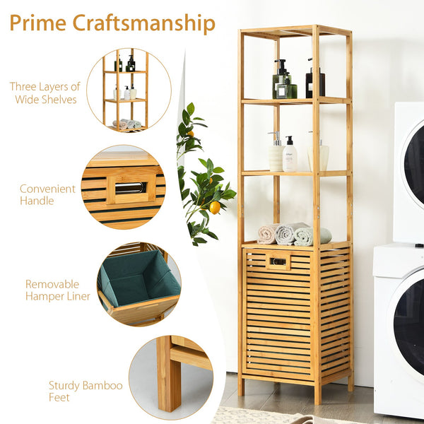 Bathroom Tilt-out Laundry Hamper 3-Tier Shelves Bamboo Tower Basket - jenshomeandgardendecor