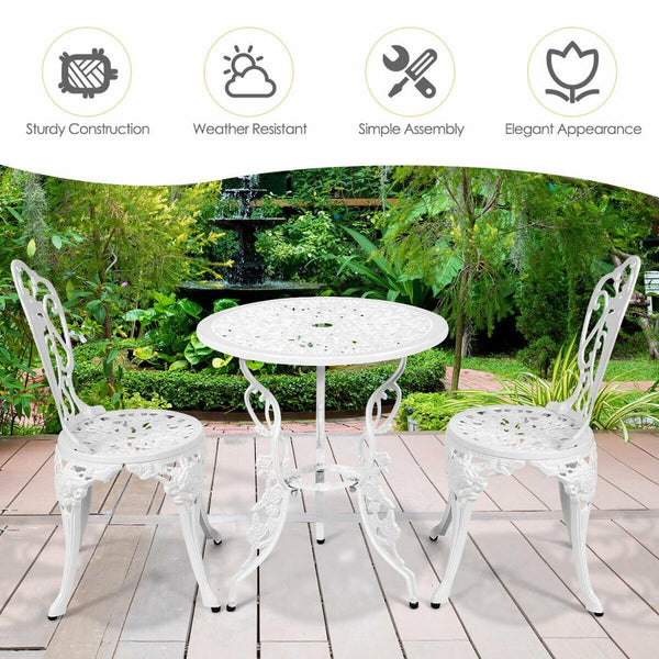 3PCS Patio Table Chairs Furniture Bistro Set Cast Aluminum Outdoor Garden White - jenshomeandgardendecor